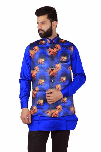 Blue Satin Printed Nehru Style Jacket