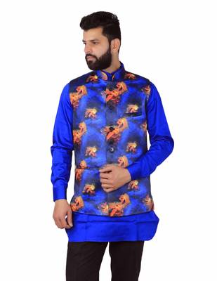 Blue Satin Printed Nehru Style Jacket 1