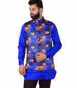 Blue Satin Printed Nehru Style Jacket