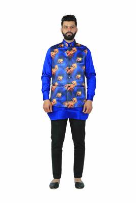 Blue Satin Printed Nehru Style Jacket 2