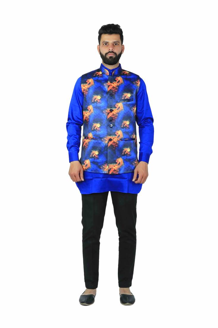 Blue Satin Printed Nehru Style Jacket