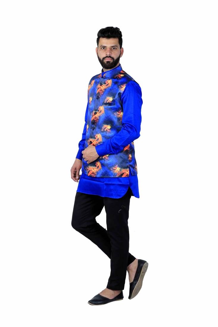 Blue Satin Printed Nehru Style Jacket