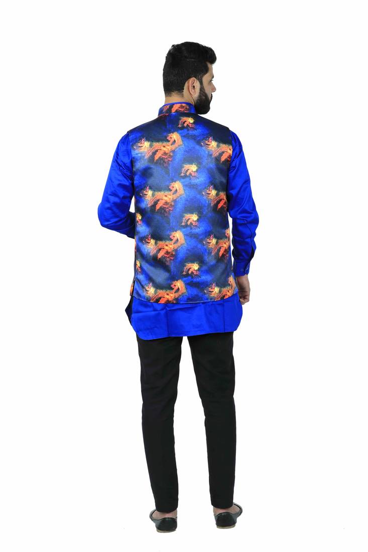 Blue Satin Printed Nehru Style Jacket
