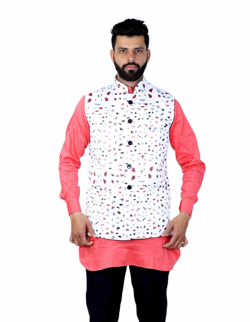White Satin Printed Nehru Style Jacket