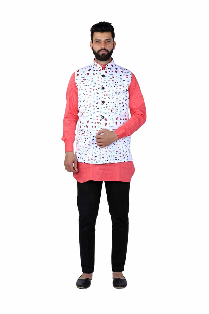 White Satin Printed Nehru Style Jacket