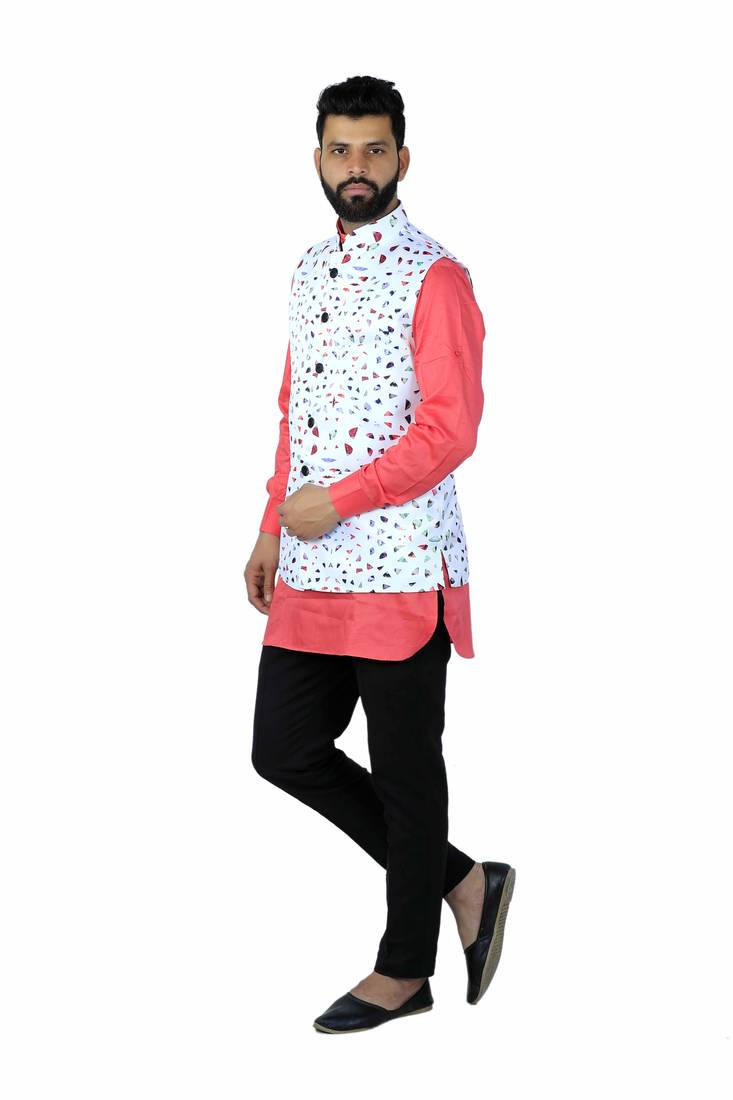 White Satin Printed Nehru Style Jacket