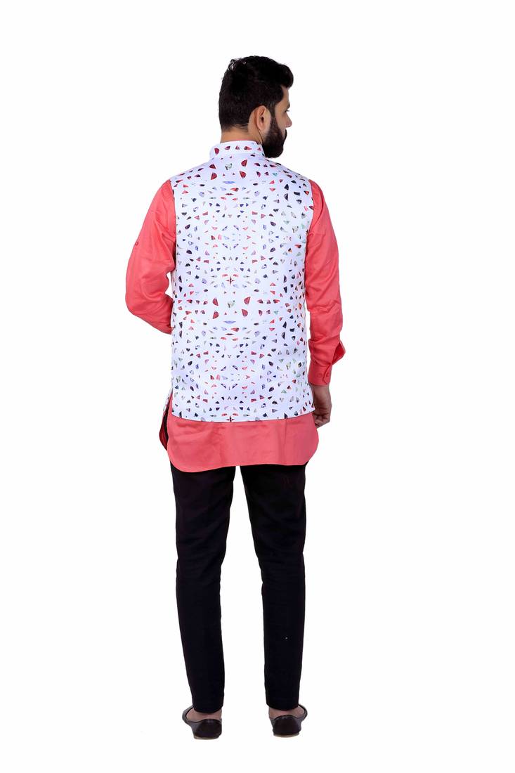 White Satin Printed Nehru Style Jacket