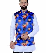 Blue Satin Printed Nehru Style Jacket