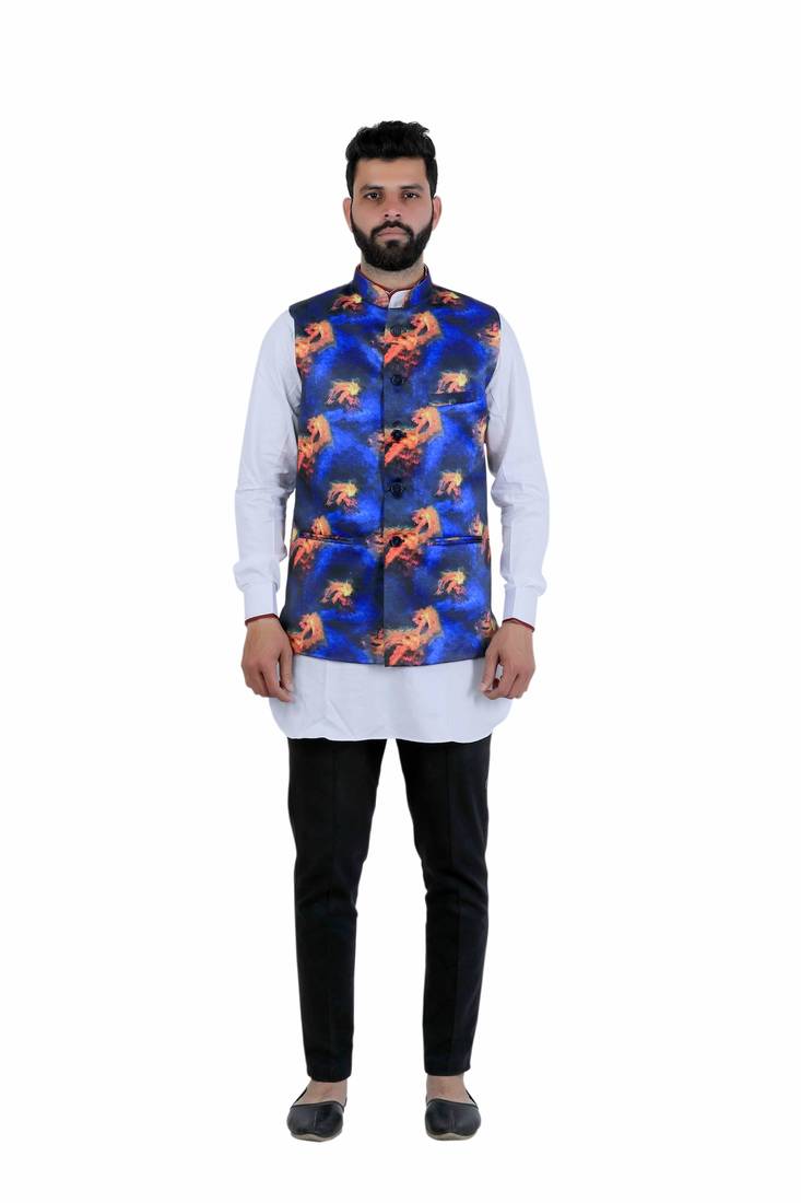Blue Satin Printed Nehru Style Jacket