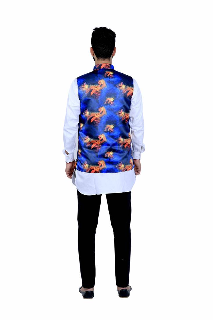 Blue Satin Printed Nehru Style Jacket