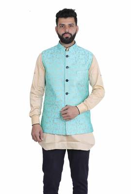 Green Dupion Silk Printed Nehru Style Jacket 1