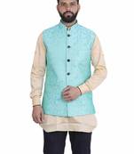Green Dupion Silk Printed Nehru Style Jacket