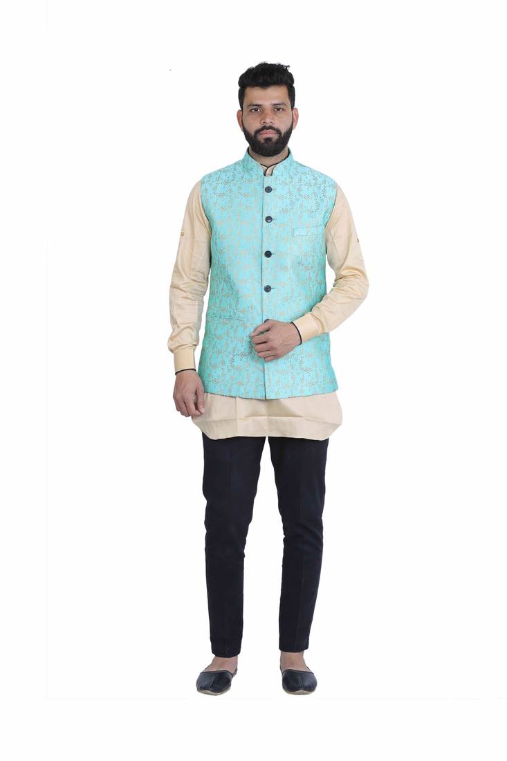 Green Dupion Silk Printed Nehru Style Jacket