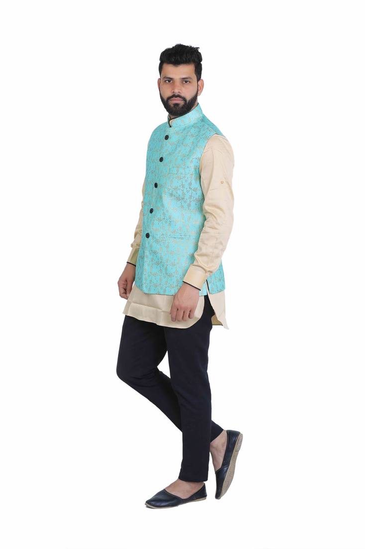 Green Dupion Silk Printed Nehru Style Jacket