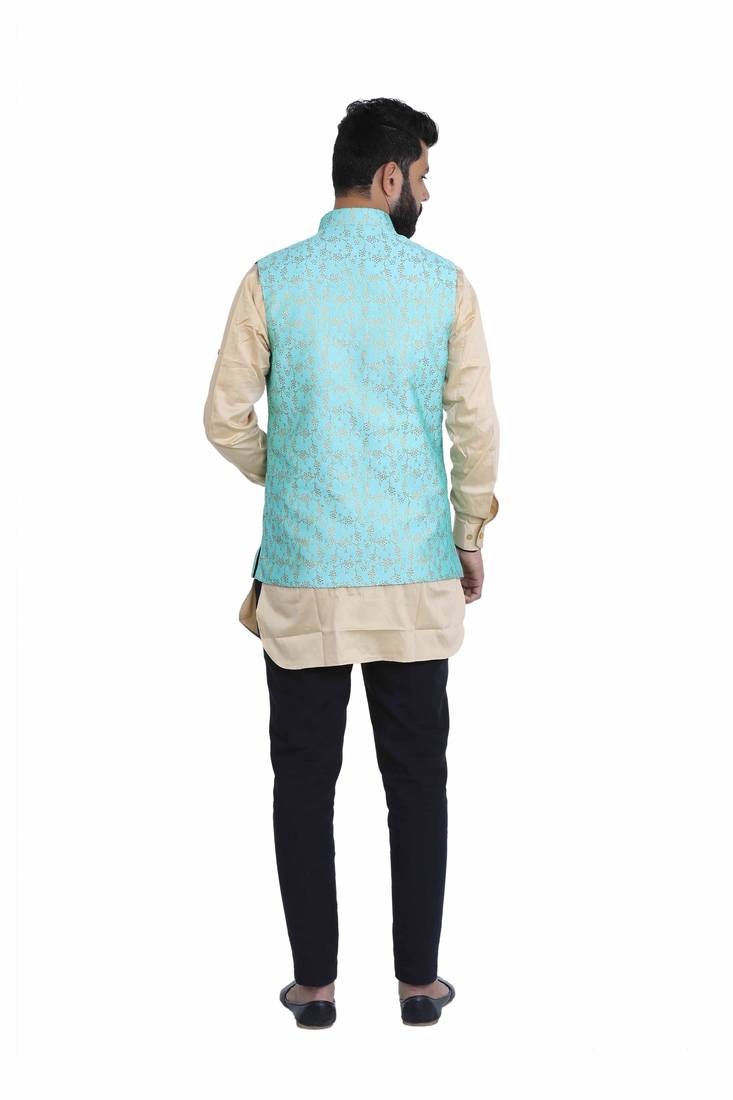Green Dupion Silk Printed Nehru Style Jacket