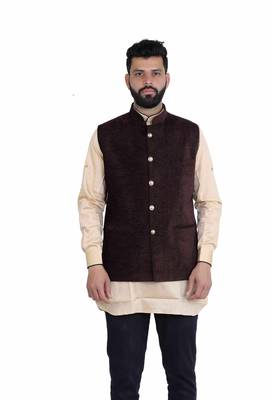 Brown Velvet Printed Nehru Style Jacket 1