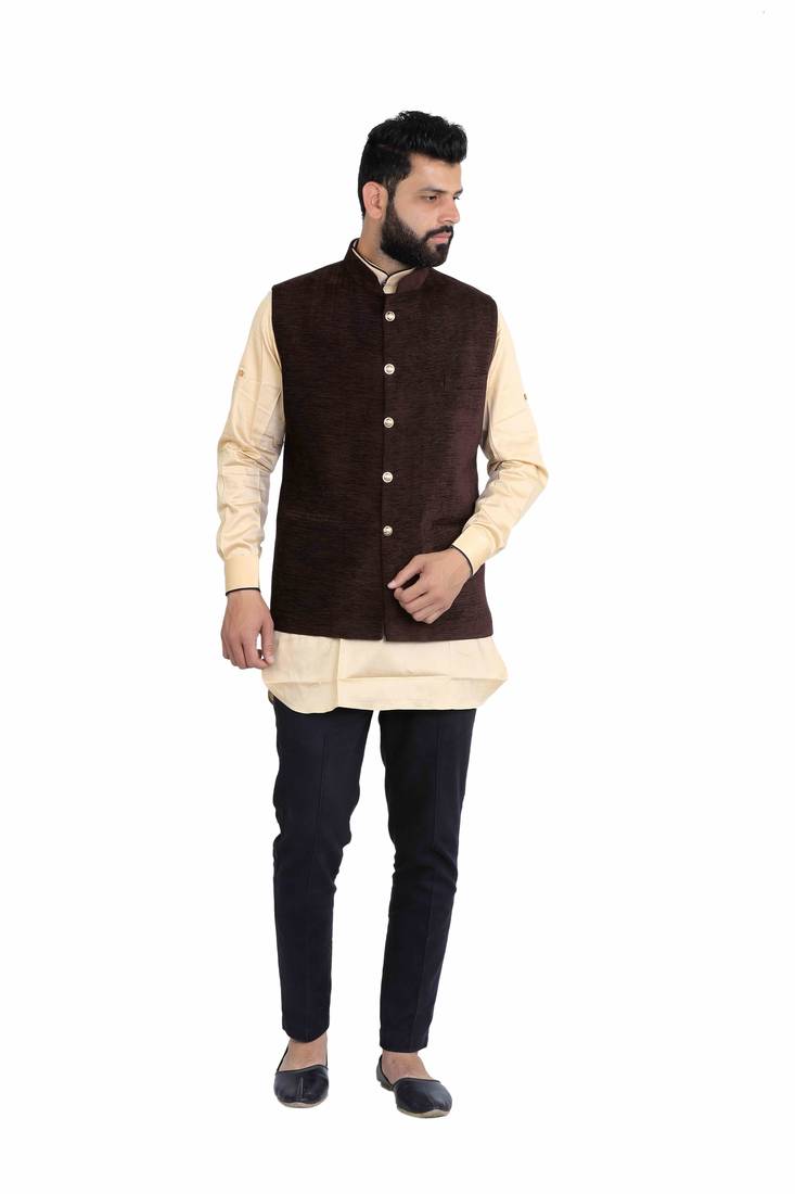 Brown Velvet Printed Nehru Style Jacket