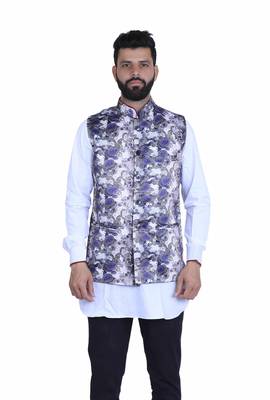 Grey Satin Printed Nehru Style Jacket 1