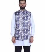 Grey Satin Printed Nehru Style Jacket