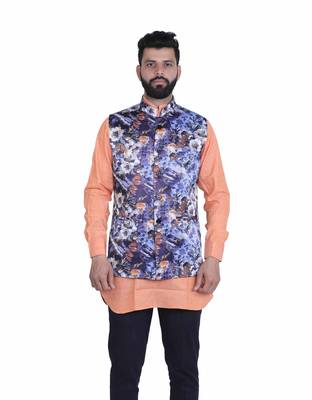 Blue Satin Printed Nehru Style Jacket 1