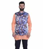 Blue Satin Printed Nehru Style Jacket