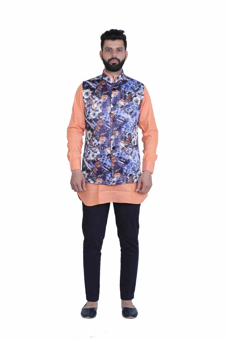 Blue Satin Printed Nehru Style Jacket