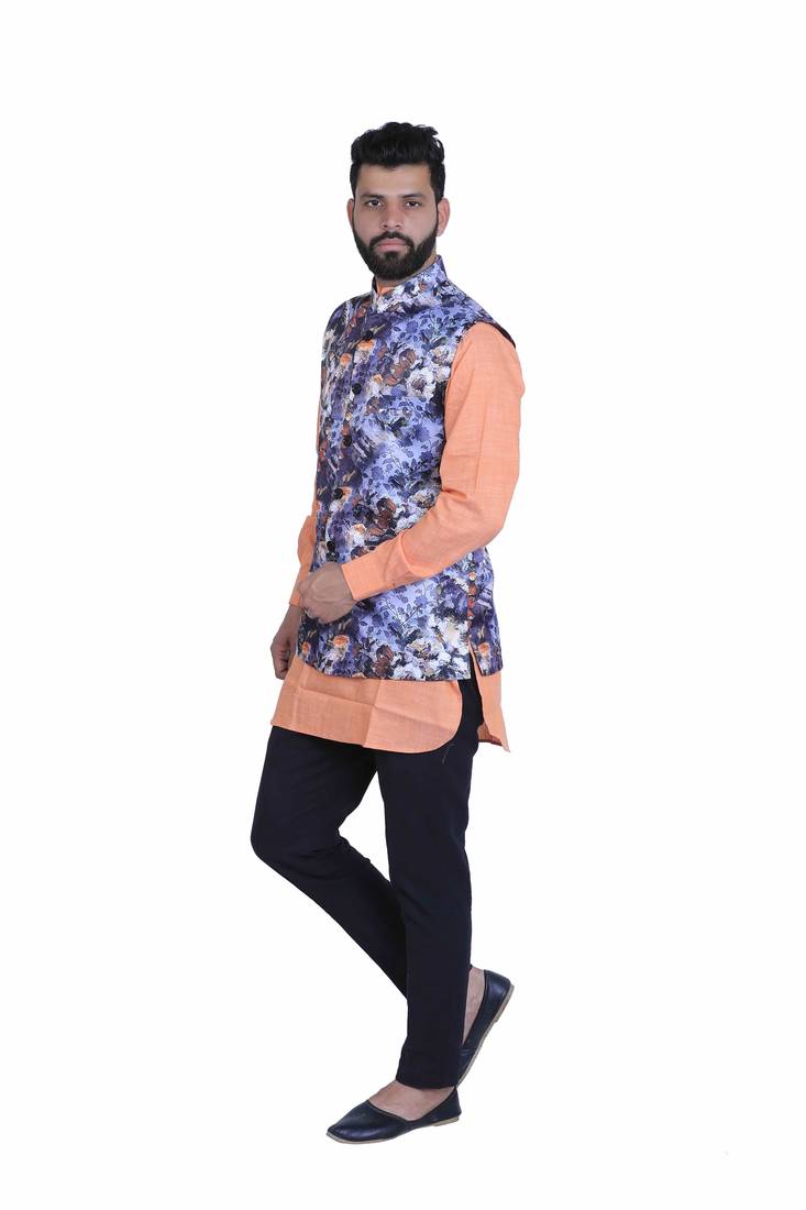 Blue Satin Printed Nehru Style Jacket
