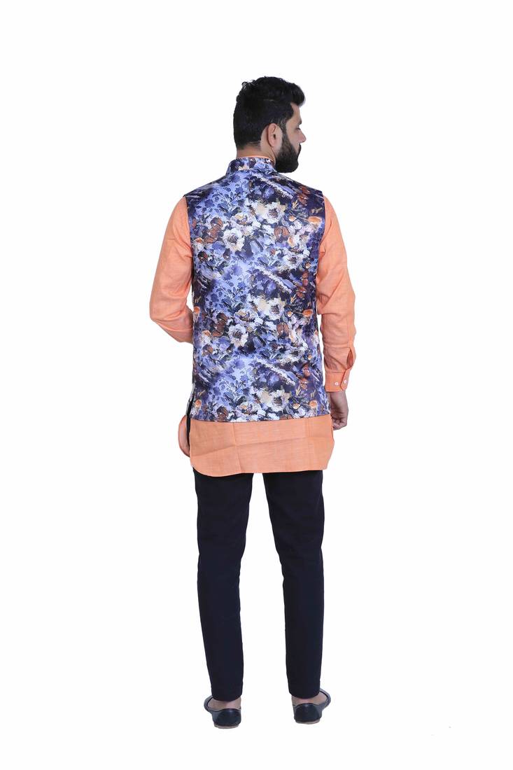Blue Satin Printed Nehru Style Jacket
