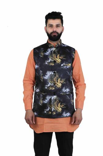 Black Satin Printed Nehru Style Jacket