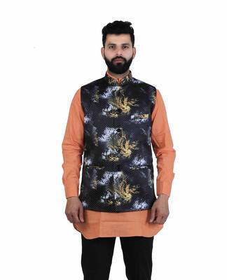 Black Satin Printed Nehru Style Jacket 1