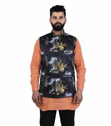 Black Satin Printed Nehru Style Jacket