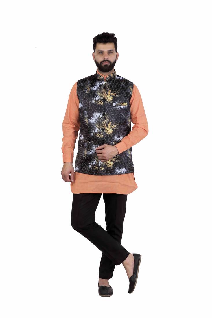 Black Satin Printed Nehru Style Jacket