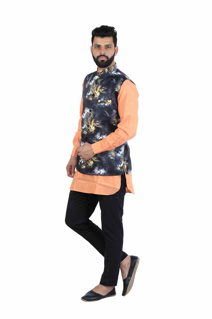 Black Satin Printed Nehru Style Jacket