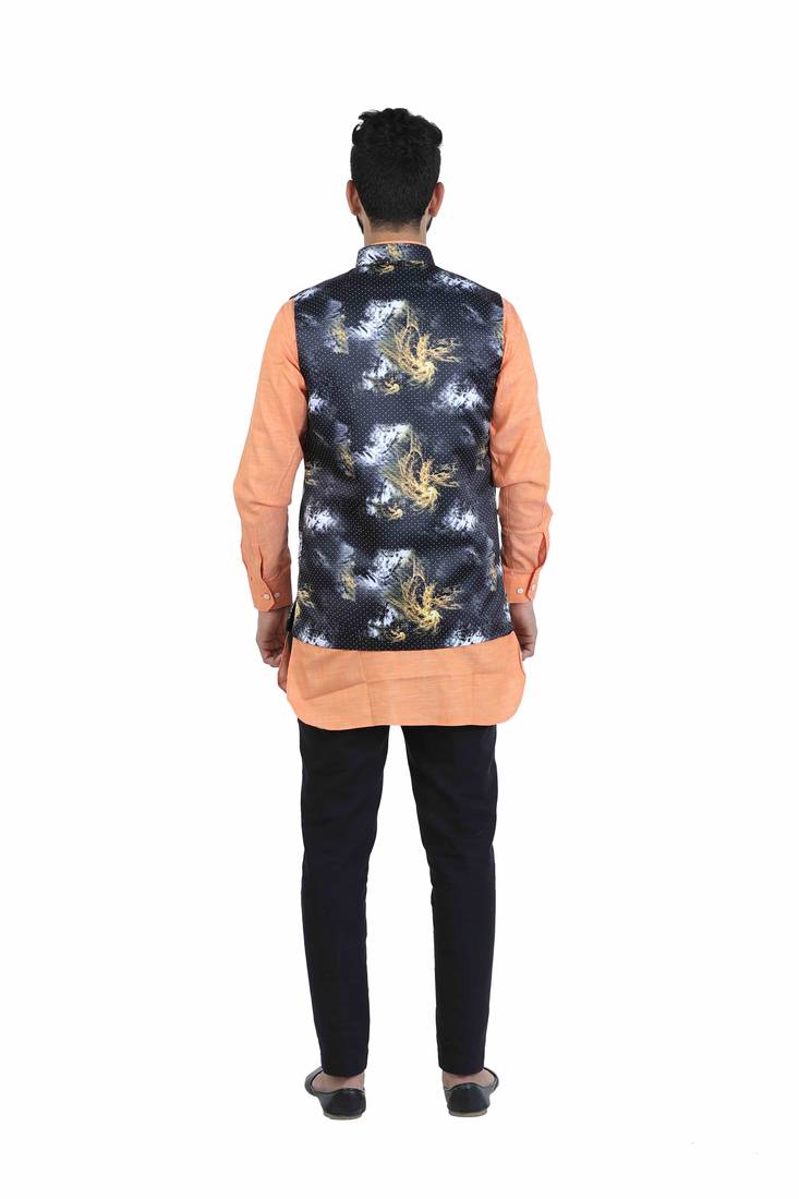 Black Satin Printed Nehru Style Jacket