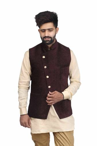 Brown Velvet Printed Nehru Style Jacket