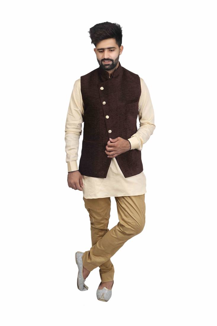 Brown Velvet Printed Nehru Style Jacket