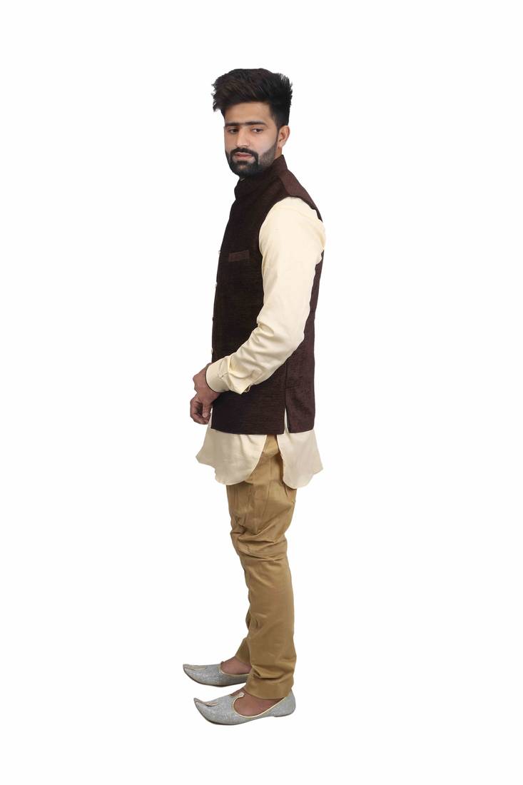Brown Velvet Printed Nehru Style Jacket