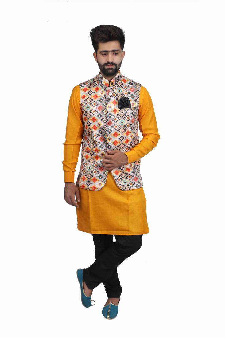 Multicolor Satin Printed Nehru Style Jacket