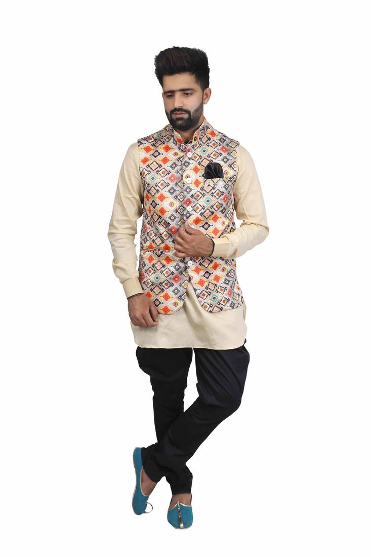 Multicolor Satin Printed Nehru Style Jacket