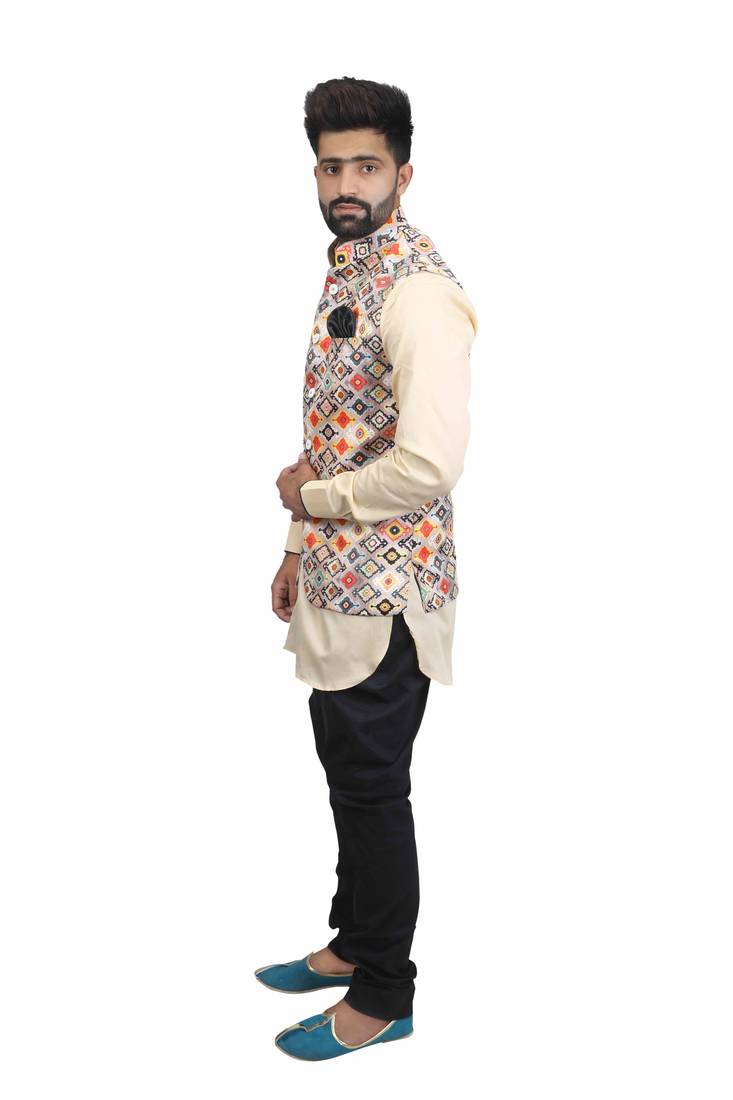 Multicolor Satin Printed Nehru Style Jacket