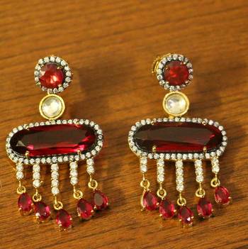 Red American Diamonds Ruby Yellow Gold Danglers Drops 1