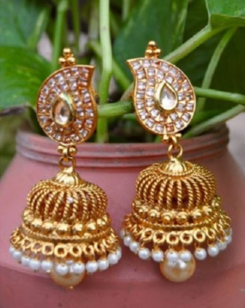 Shape Jhumkas Diamond Rubans 22K Gold-Plated Dome-Shaped Jhumka - Main Image