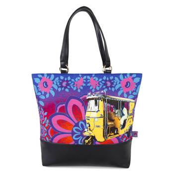 Shekhawati Auto Rickshaw Canvas and Faux Leather Tote Bag 1