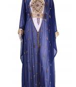 Navy Blue And White Georgette Islamic Kaftan With Zari And Stone Embroidery Work