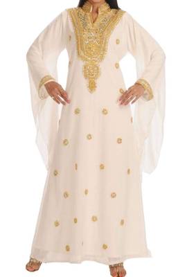 White Georgette Islamic Kaftan With Zari And Stone Embroidery Work 1