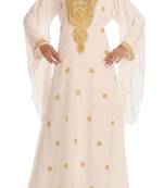White Georgette Islamic Kaftan With Zari And Stone Embroidery Work