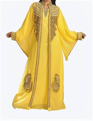 Yellow Georgette Islamic Kaftan With Zari And Stone Embroidery Work 1
