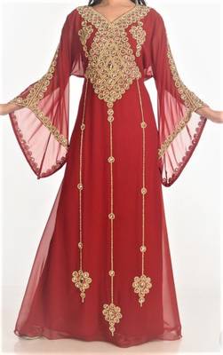 Maroon Georgette Islamic Kaftan With Zari And Stone Embroidery Work 1