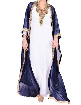 Navy Blue And White Georgette Islamic Kaftan With Zari And Stone Embroidery Work 1