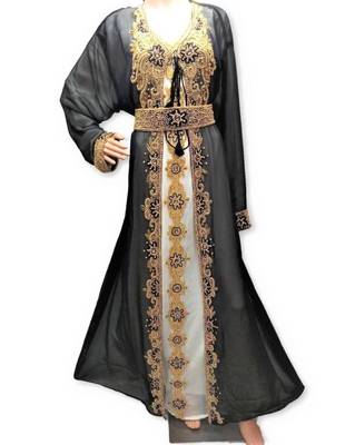 White And Black Georgette Islamic Kaftan With Zari And Stone Embroidery Work 1
